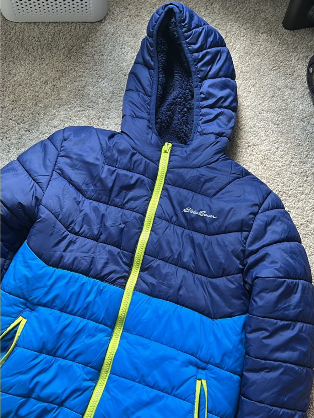 Eddie Bauer Navy & Bright Blue Hooded Kids Puffer with Lime Zipper